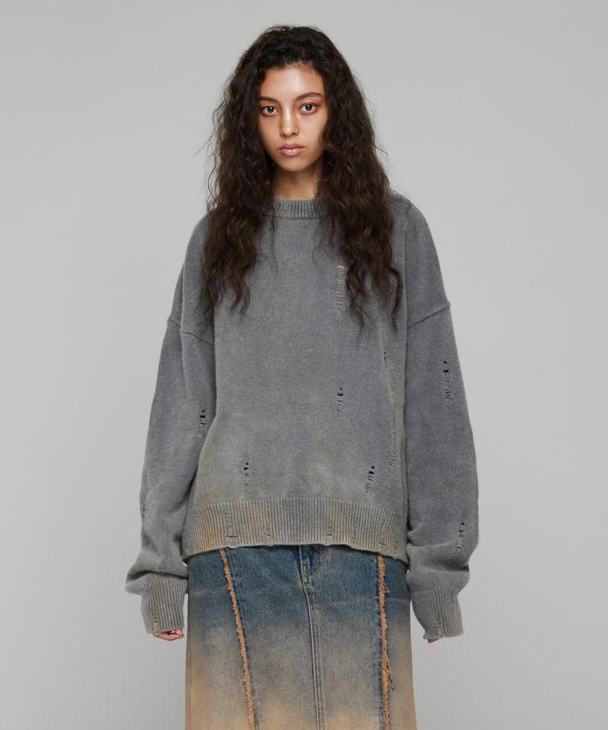 ULKIN Traditionally Dyeing Persimmon, Ink Damaged Round Neck Knit_Gray
