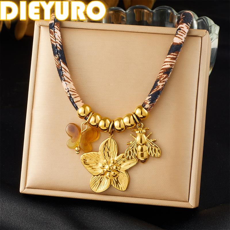 DIEYURO 316L Stainless Steel Golden Flower Butterfly Bee Pendant Necklace For Women New Fashion Leopard Print Rope Chain Jewelry