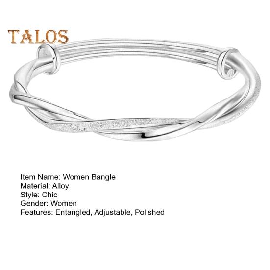 Women Bangle Twisted Entangled Alloy Silver Color Chinese Style Adjustable Smooth Polished Wrist Jewelry Anniversary Birthday Gift Lightweight Bangle