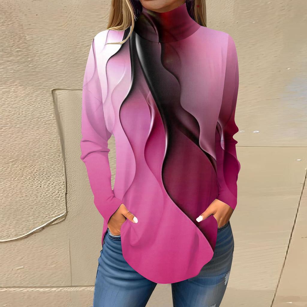 Женская модная повседневная футболка с длинным рукавом с высоким воротом и принтом, пуловер, топ