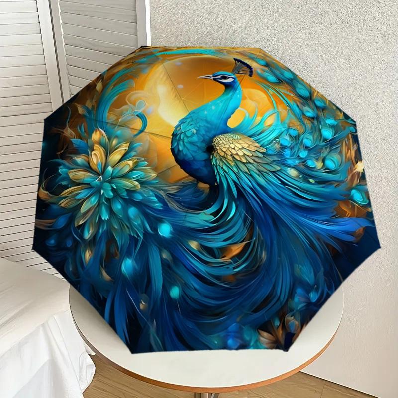 1pc Fantasy Peacock with Golden Sunburst Umbrella with Plastic Handle,Suitable for All Seasons Home Travel Outdoor UmbrellaDD1193