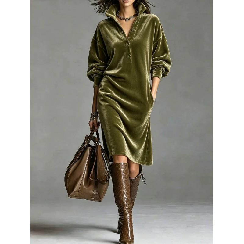 2026 Fall Velvet Loose Fit Long Sleeve Dress A Line Button Front V Neck Casual Elegant Women