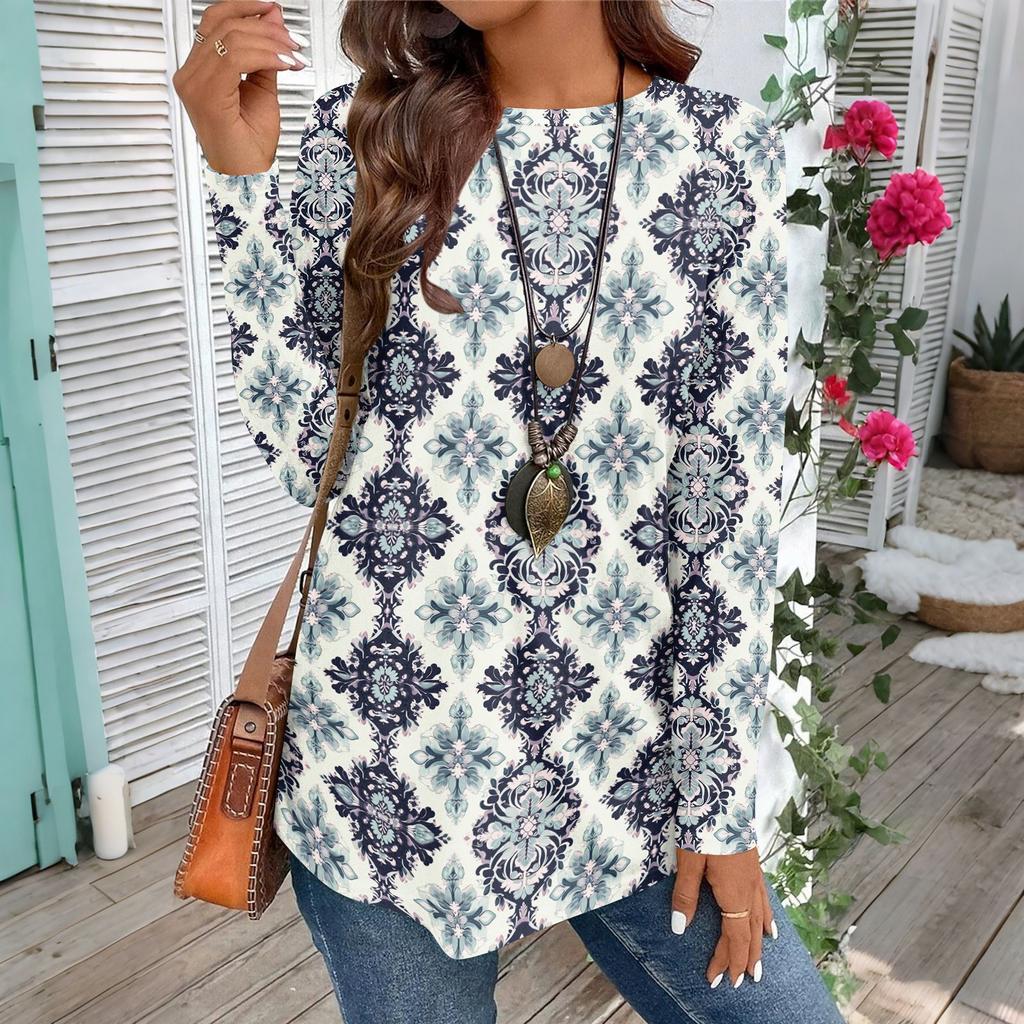 Women's Casual Plus SizeLong Sleeved Round Neck Vintage Ethnic Printing T-shirt Top Pullover