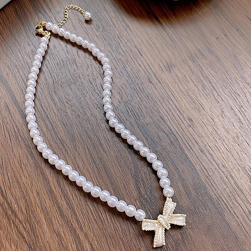 Elegant Adjustable Pearl Necklace Bowknot Pendant Necklace Fashion Neck Jewelry Present for Stylish Women Fashion Lover