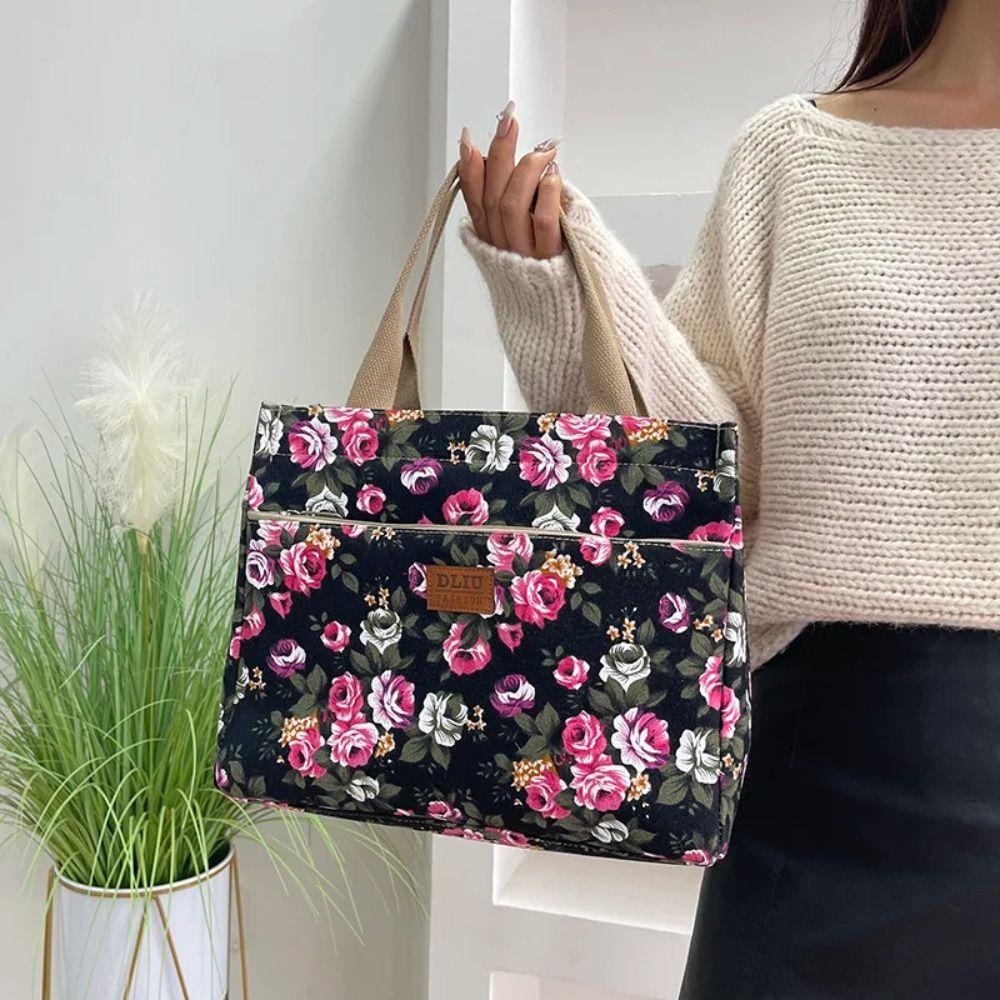 Ethnic Style Canvas Lunch Bag Portable Casual Handbag New Floral Print Tote Bag