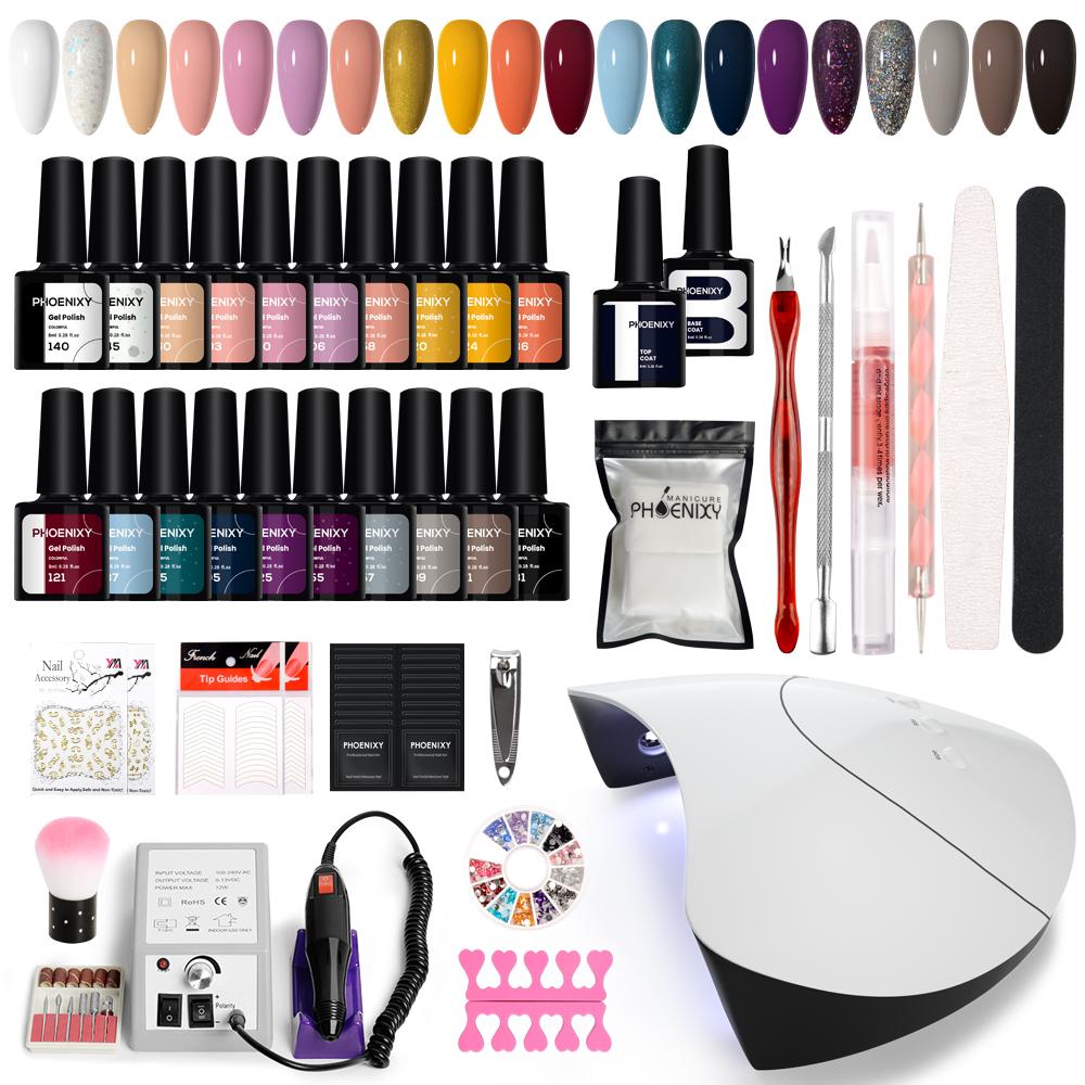 Набор гелей для ногтей PHOENIXY, 20 лаков для ногтей, 3 фрезы для УФ-геля, лампа для наращивания ногтей, 36 Вт, набор гель-лаков и аксессуаров