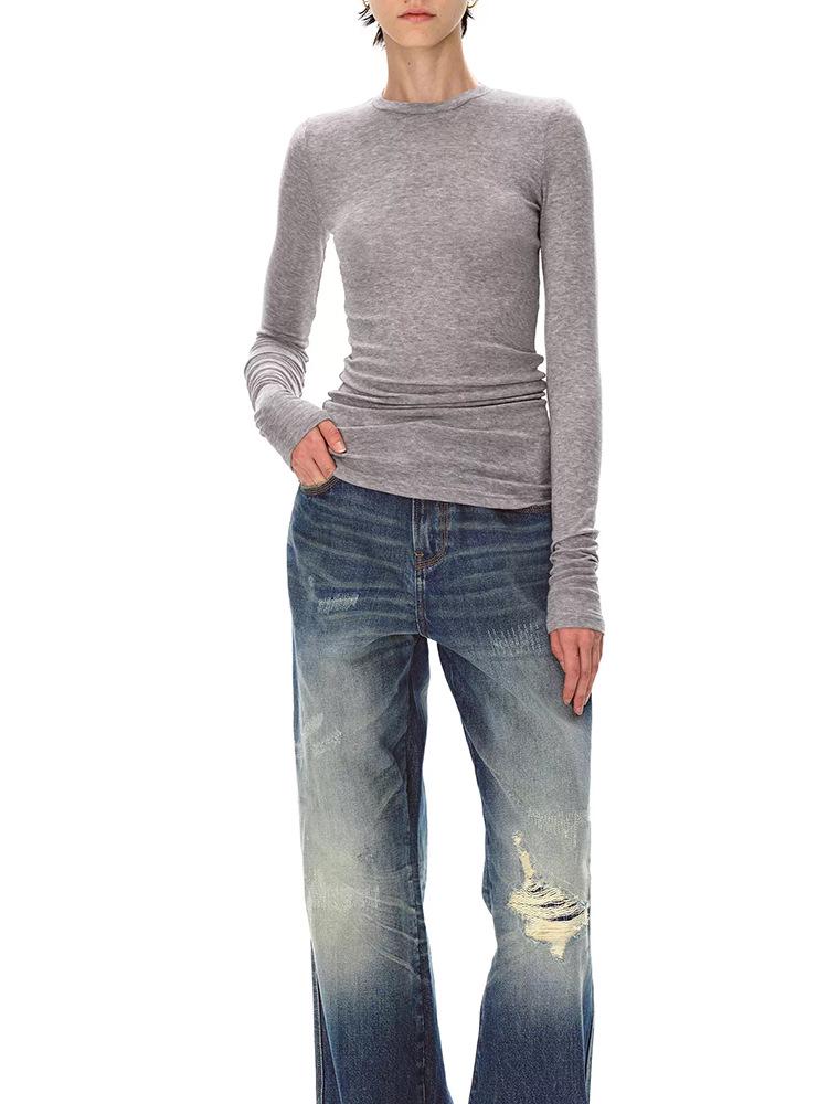 Женская приталенная футболка с длинным рукавом в стиле ретро из легкой американской шерсти и тенселя - Приятный к коже и эластичный базовый слой