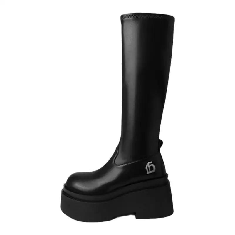 Платформа Толстый каблук Женские сапоги до колена Модные слипоны для похудения Длинные сапоги Осень Зима Женские увеличивающие сапоги