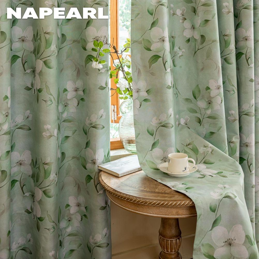 1PC NAPEARL Nordic Countryside Style Green Printed Curtains with Full Blackout Curtains for Bedroom Living Room Balcony Window for Home Decor