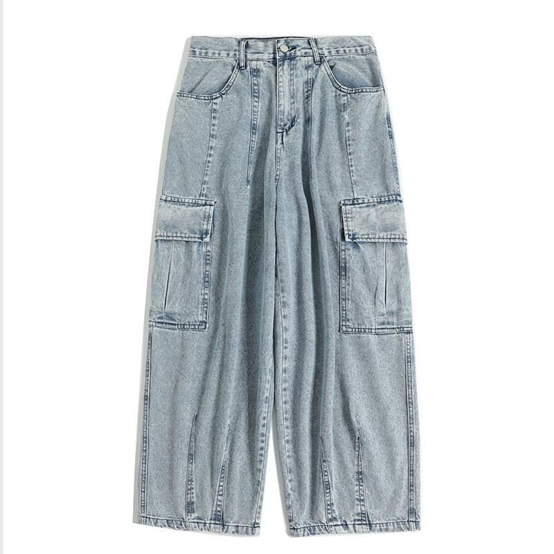 Винтажные выстиранные свободные широкие мужские джинсы с драпировкой, ленивые, рабочие брюки с большими карманами, прямые, старые, папины брюки, большие размеры