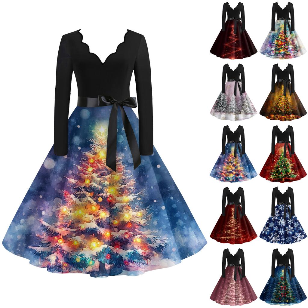 Women's Casual Fashion V Neck Long Sleeve Christmas Printed Party Vintage Long Dresses