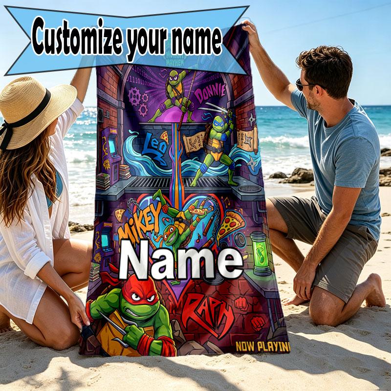 Custom Name Personalized Teenage Ninja Turtles Print Beach Towel, for Trip Camping Beach Party Home Decor, Birthday Gift for Family & Friends