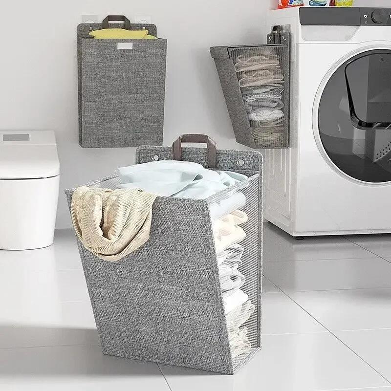Foldable Adhesive Laundry Basket Hamper, Multifunctional Punch Free Wall Hanging Washing Clothes Mesh Hook Organizer