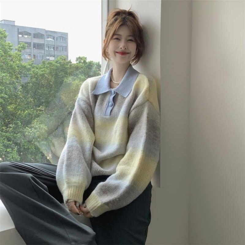 Градиентный свитер с воротником-поло в ленивом стиле для женщин, осень-зима 2023, дизайнерский смысл, нишевый вязаный свободный свитер, пуловер, женский топ