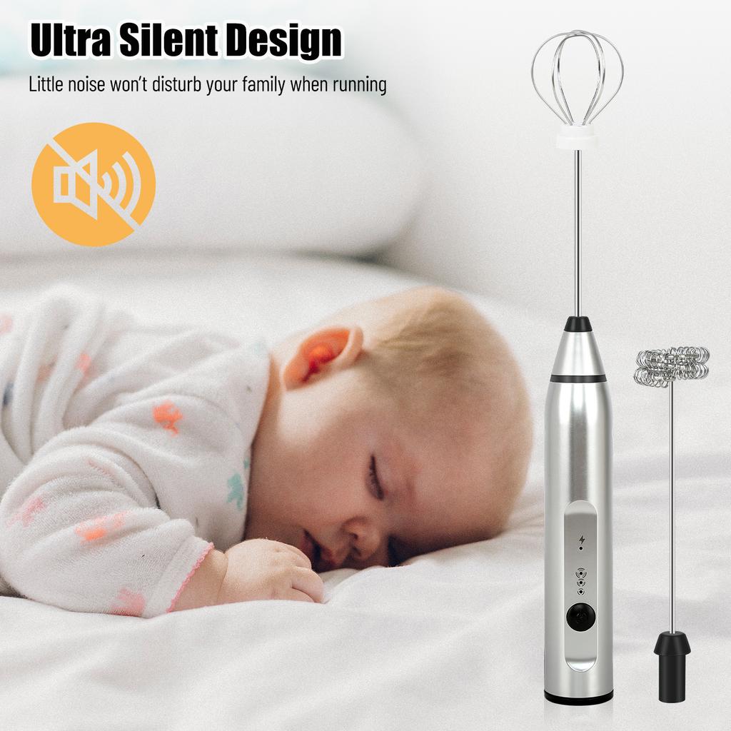 Electric Handheld Egg Whisk Milk Frother Foam Maker USB Rechargeable Mixer with 2 Stainless Steel