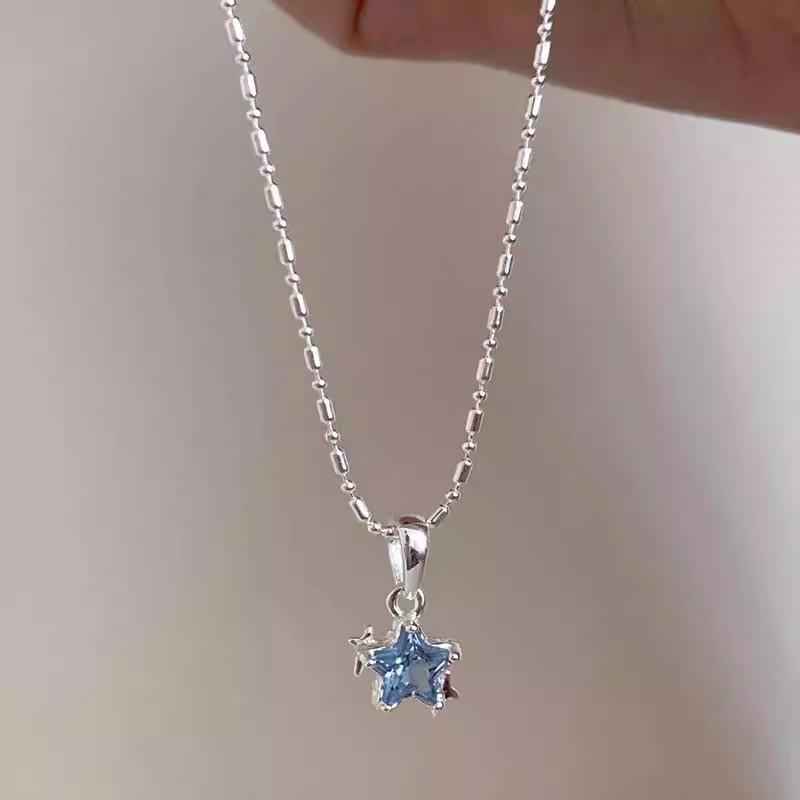 Shiny Blue Crystal Star Pendant Necklace for Women Girls Aesthetic Y2K Emo Zircon Charm Sweet Jewely Accessory Gift