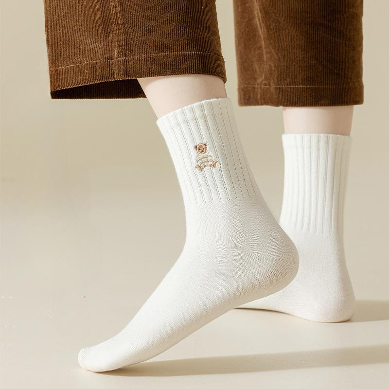 Носки цвета кофе Майяра для женщин, милые носки средней длины с медвежонком, простые носки в стиле колледжа, хлопковые носки
