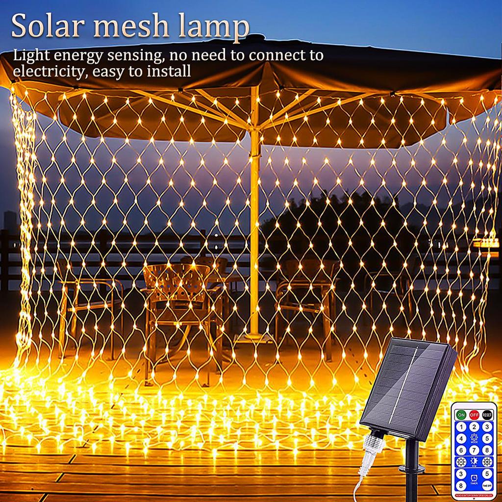 1.5m*1.5m 3m*2m Solar Waterproof String Lights Christmas Patio Garden Mesh Lights With Remote Control 8 Modes Outdoor Indoor Curtain Lights