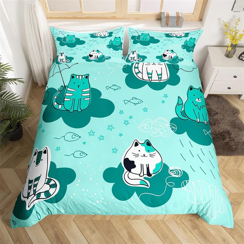 Cartoon Animal Duvet Cover Twin King Cute Cat Bedding Set Microfiber Paw Butterfly Floral Comforter Cover For Kids Girl Bedroom