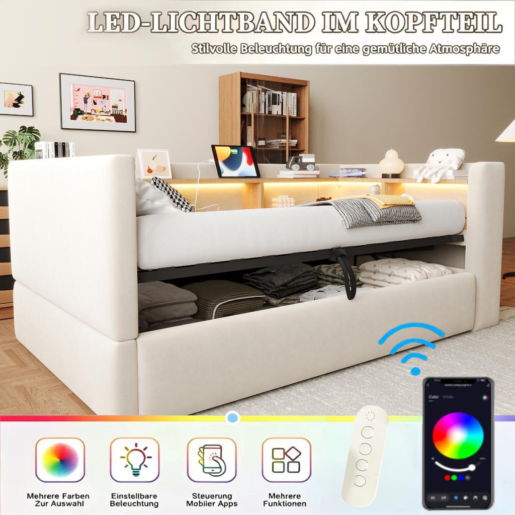 Upholstered Bed Hydraulic Sofa Bed 90*190cm, Equipped with LED Lights, Outlets and Many Storage Compartments, Multifunctional, Single Bed, Beige