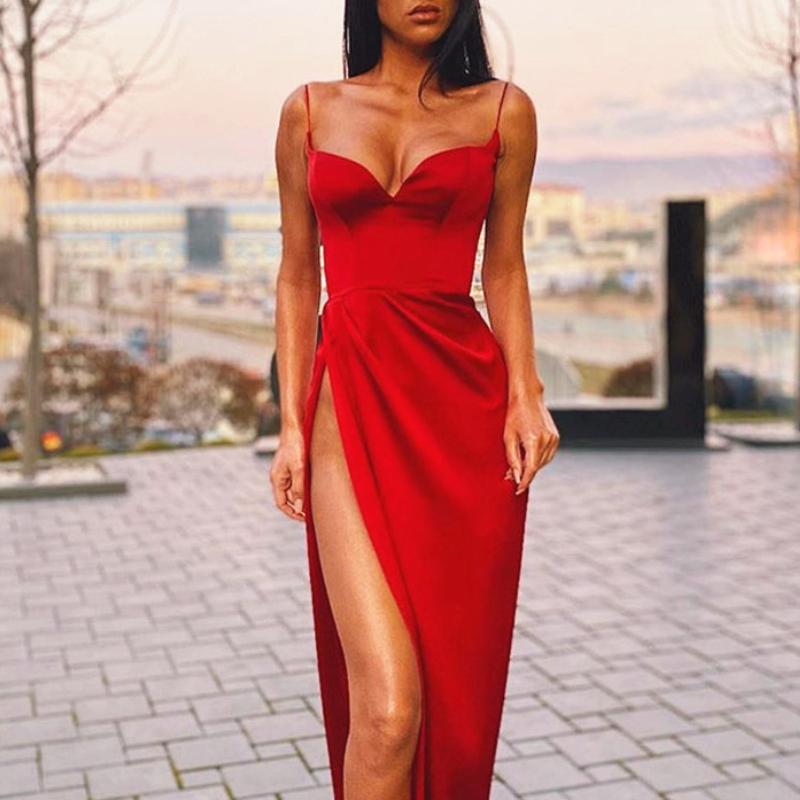 Весенне-летнее однотонное платье с разрезом на подтяжках для женщин, модное, персикового цвета, с вырезом, сексуальное, облегающее платье