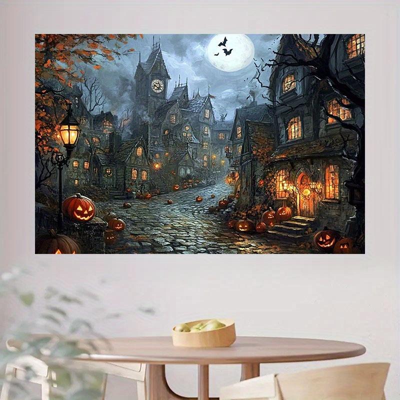 1 piece of 2D background fabric hand-painted Halloween horror style dark town and pumpkin lantern design no power required
