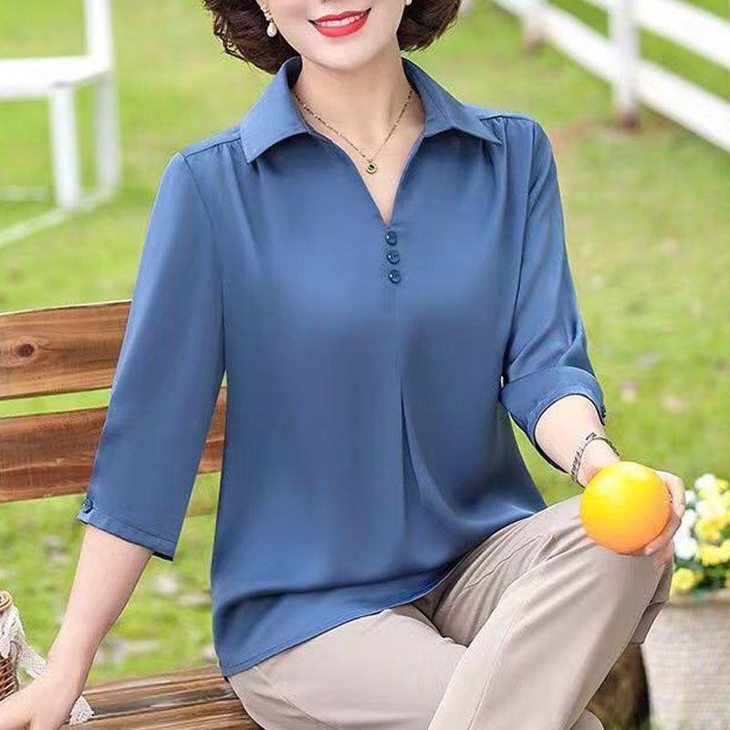 Summer Fashion Polo-neck Solid Color Shirt Ladies Half Sleeve Loose Casual Top Women Elegant Blouse