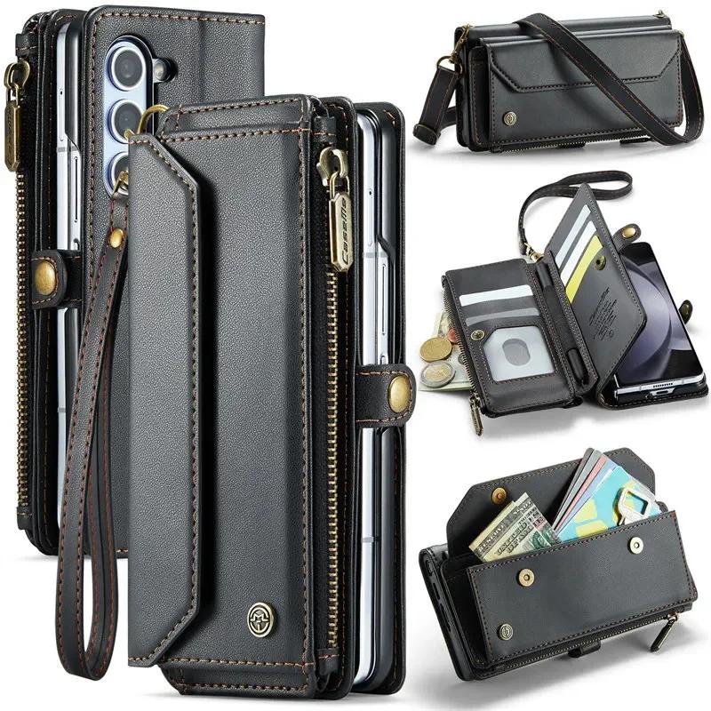 CaseMe Кожаный чехол-книжка для Samsung Galaxy Z Fold 7 5G 6 5 4 3 S26 Ultra S25 Edge S24 FE S23 S22 S21 S20 Plus Note 20 Кошелек на молнии Чехол-кардхолдер
