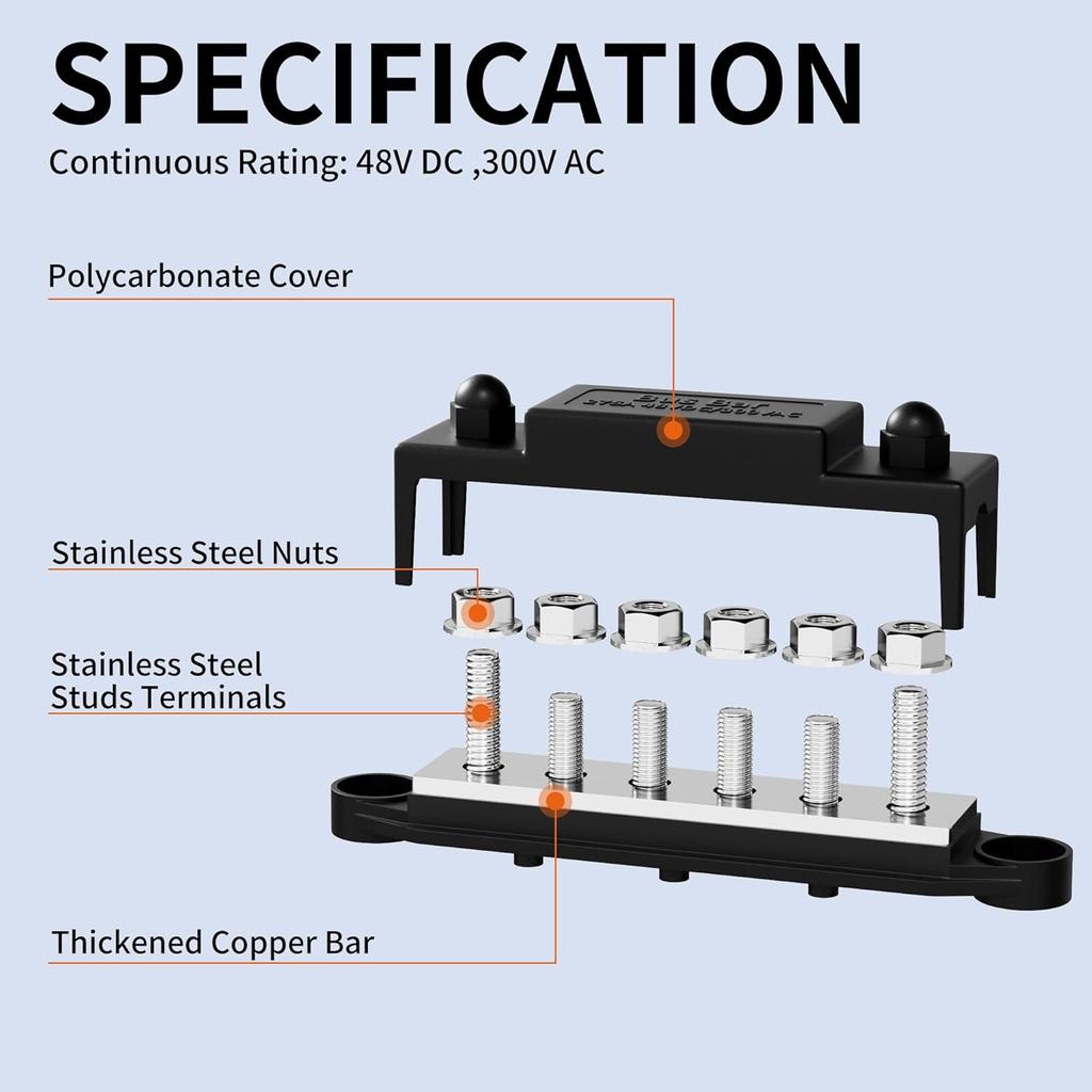 2PCS 275A Busbar Terminal Block Bus Bar 12V Power Distribution Block 6 X M8 for Automotive Sound Audio Car Power Distributor