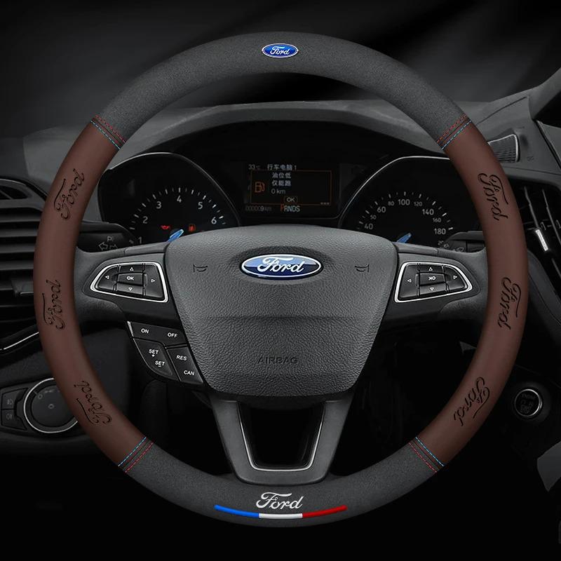 For Ford Suede Steering Wheel Cover 3D Logo Anti Slip Mondeo Focus Raptor Puma h120 Edge Explorer F150 Ranger Fusion Kuga Grip Trim