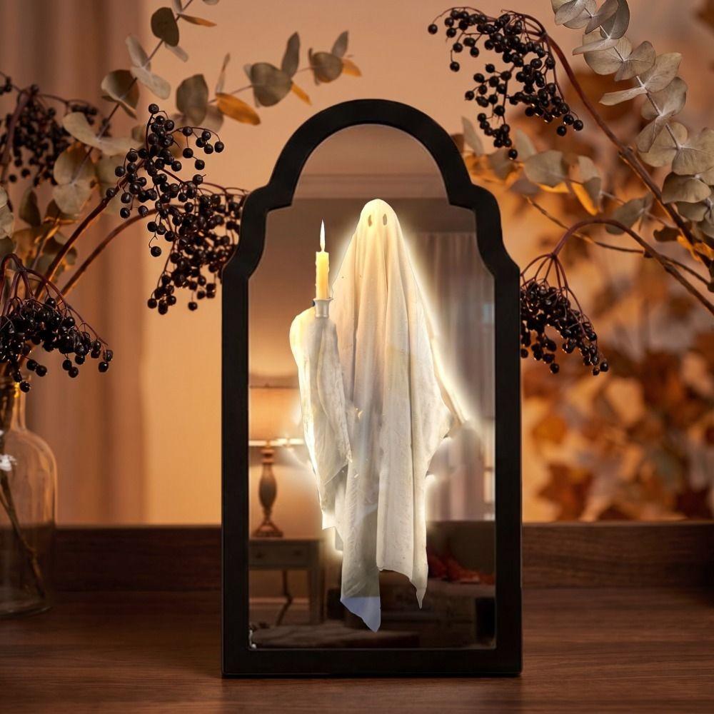 Battery Operated LED Mirror Decor Light Up Halloween Wall Decor Spooky Glowing Ghost Decor Bedroom