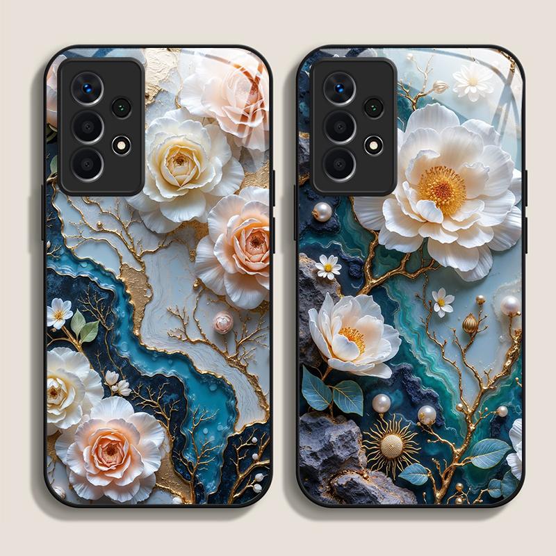 Чехол из закаленного стекла с текстурой мрамора и цветком белой камелии для Samsung Galaxy S26 S25 Ultra S24 S23 Plus S22+ S21 FE