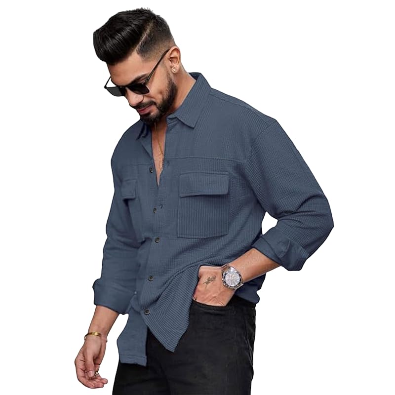 Мужская повседневная рубашка Indoprimo Regular Fit, стильная, с двумя карманами, на пуговицах, с длинным рукавом, в стиле карго (В, Альфа,, Обычный, )