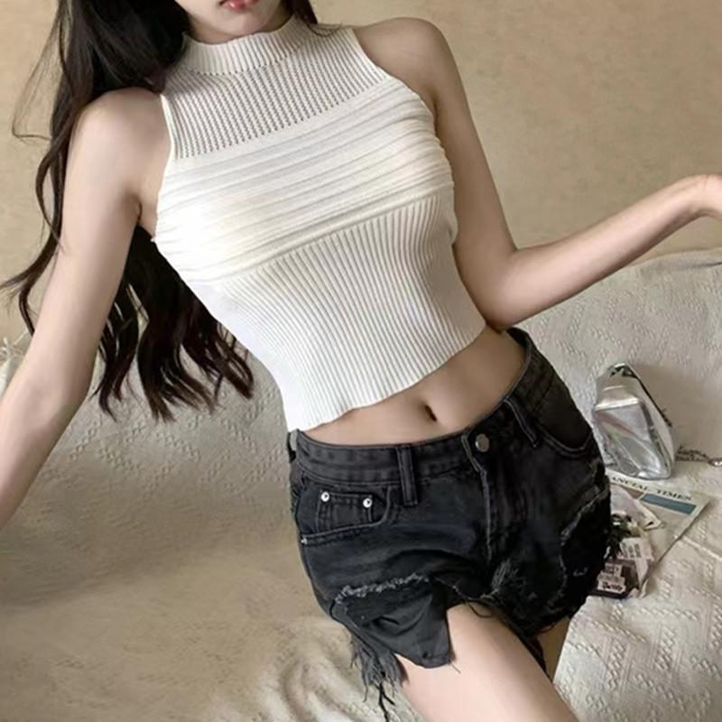 Women's Summer High Neck Hollow Knit Short Casual Tank Top