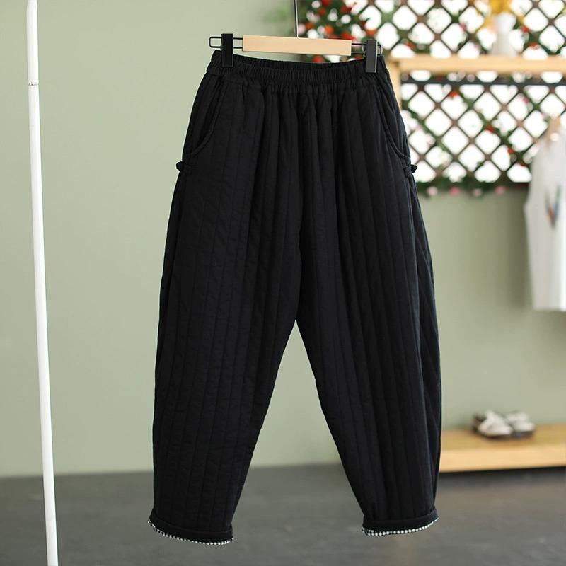 Autumn Winter Warm Clip Cotton Thickened Retro Down Cotton Pants for Women's Outwear Elastic Waist Loose Relaxed Pants