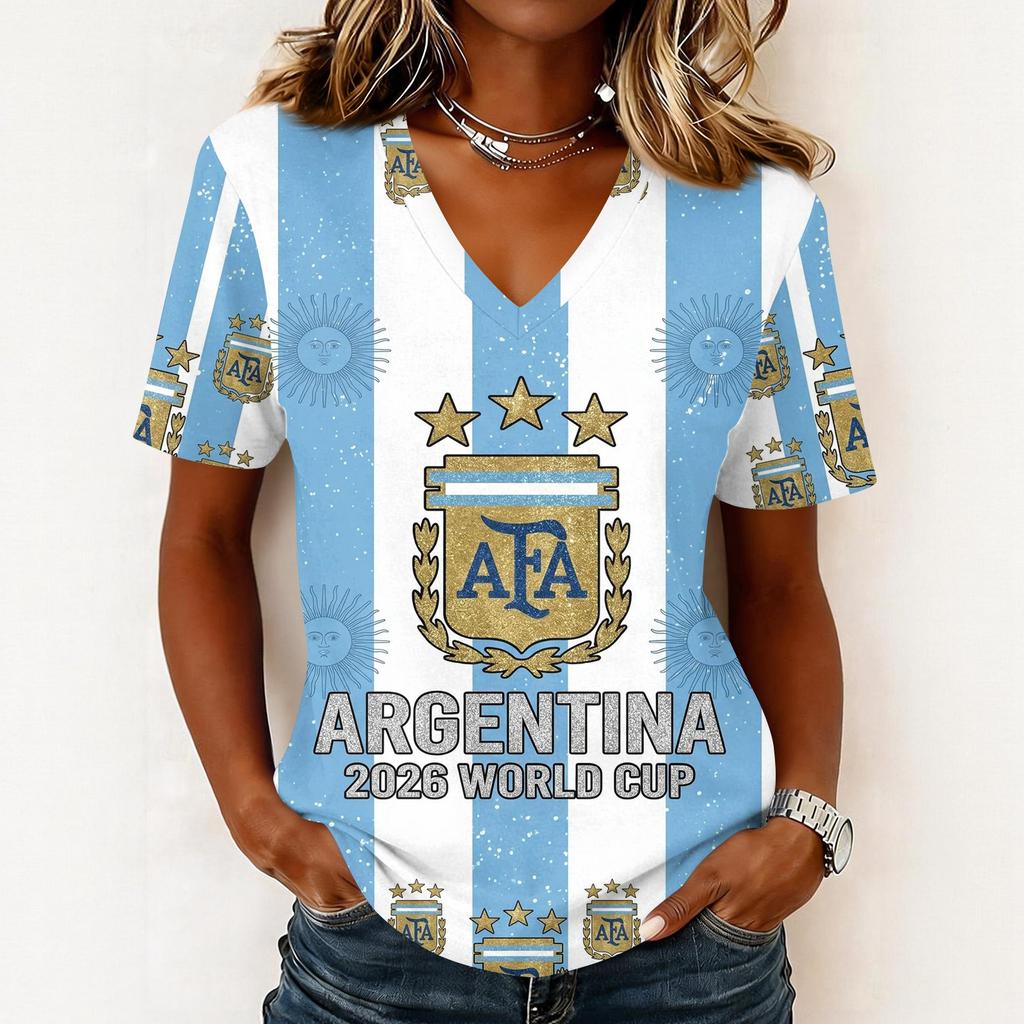 Women's Short Sleeve V-Neck T-Shirt with Soccer Flag Print for Casual Day Wear