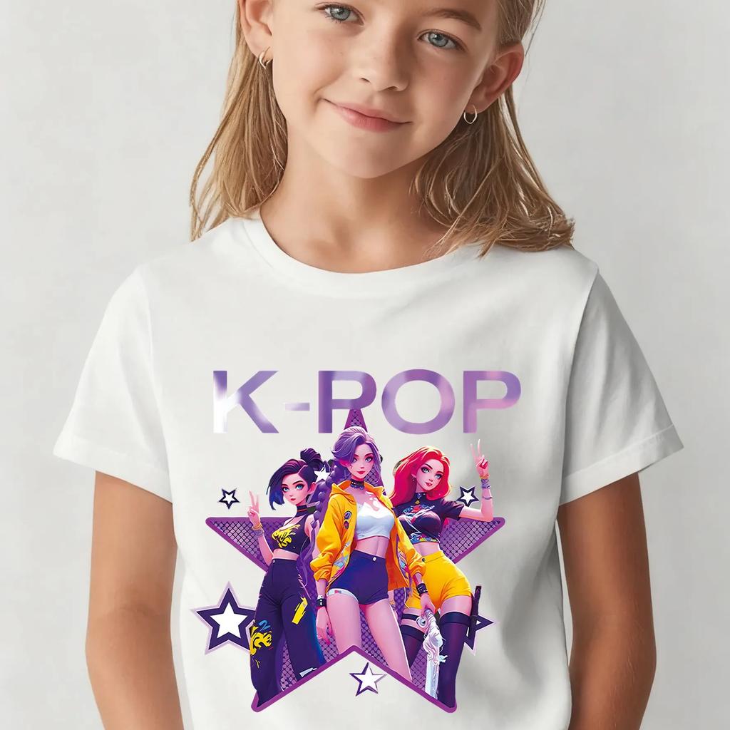 Girls' Street Style Korean Fashion T-Shirt 100% Pure Cotton Cool Korean Concert Style T-Shirt Suitable for Little Girls
