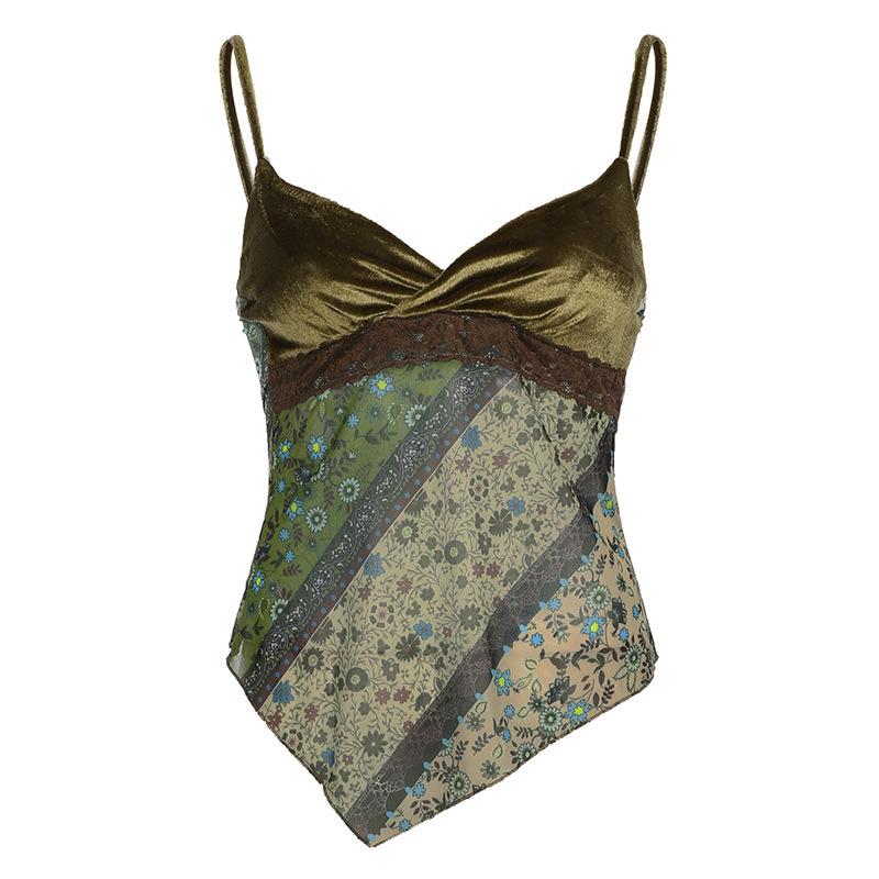 "2024 Summer All-Match Green Velvet Retro Camisole with Forest Print"