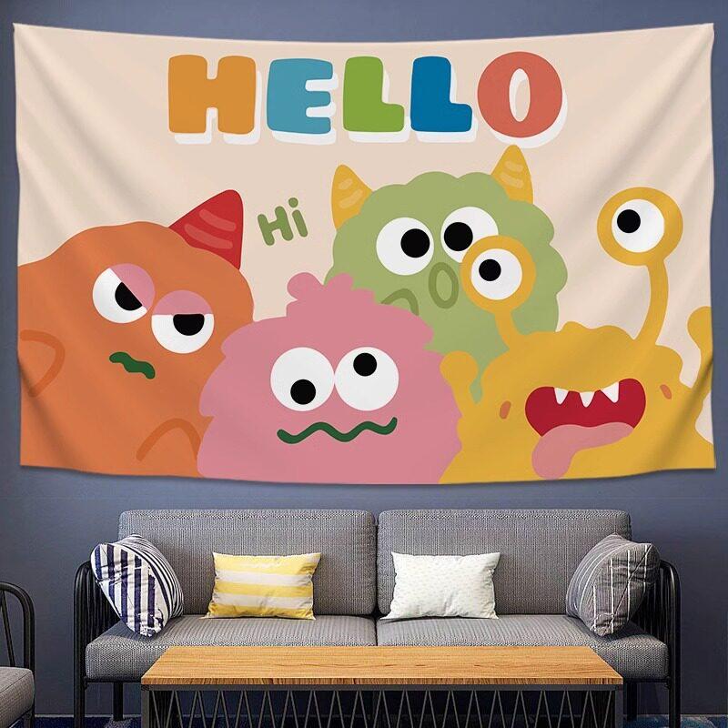 Cute Cartoon Little Monster Wall Tapestry Kids Room Decorative Background Cloth for Bedroom Headboard Hanging Art