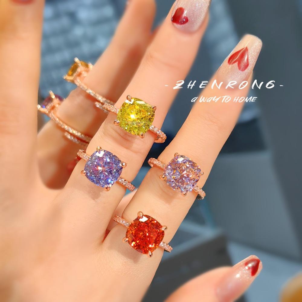 Premium Ice Cut Cushion Ring for Women Caramel Purple High Carbon Diamond Rose Gold Wedding Jewelry