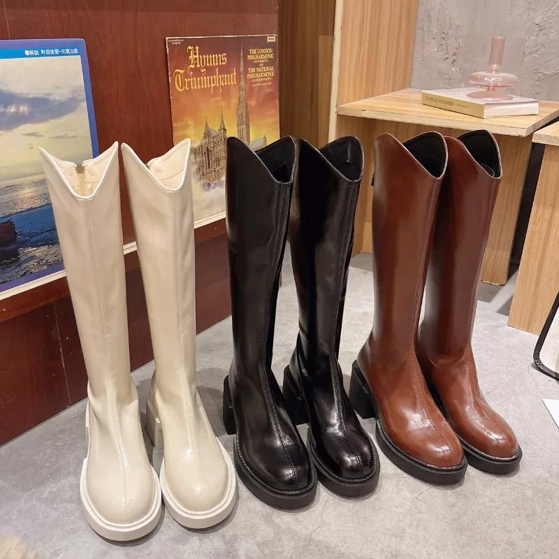 Fashion British Platform Leather Knee-high Boots for Women Fashion Increase Soft-soled Women's Shoes Designer Casual Knight Boots Female