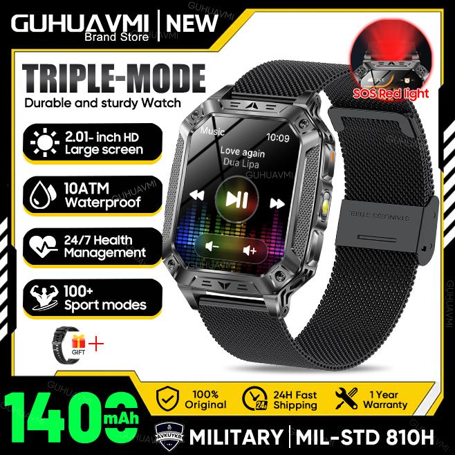 New Military 1400mAh Battery Smart Watch 2.01-inch AMOLED Screen LED Flashlight Waterproof BT Call Sports Smartwatch Men