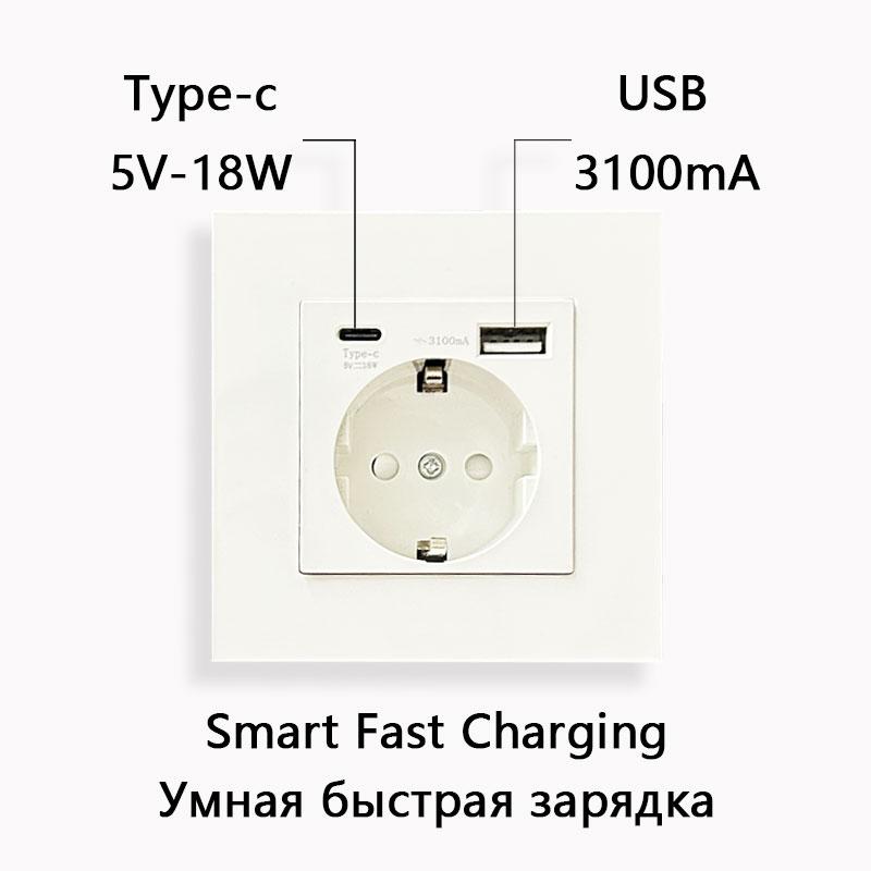 Двойная настенная розетка USB стандарта ЕС, электрическая розетка с портом быстрой зарядки USB Type-C 16A, розетка для панели ПК 220 В
