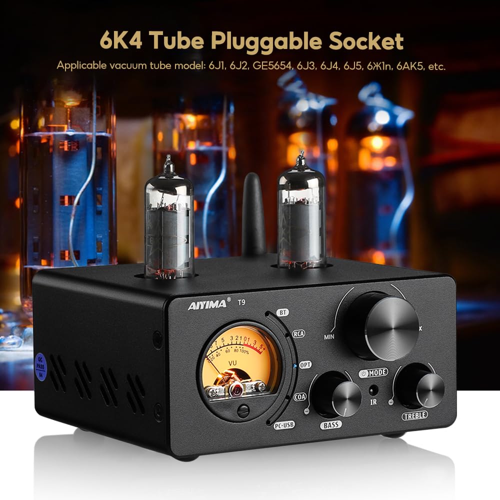 AIYIMA T9 Bluetooth 5.0 100 Вт*2 Ламповый усилитель 2.0-канальный Вакуумная лампа USB ЦАП Стерео HiFi Домашнее аудио Цифровой усилитель с RCA/COA/Opt/PC-USB и VU-метром