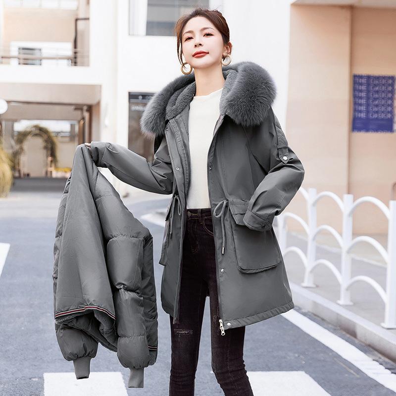 Pie Overcomes Women's Year Winter New Fashion Casual Women's Clothing Fleece Thickened Medium and Long Hooded Padded Jacket
