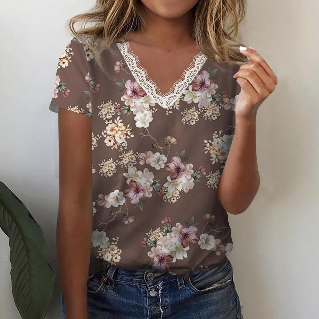 Summer Ladies V Neck Solid Color Lace Print Short Sleeve Lightweight Street Style Solid Color T-Shirt Top