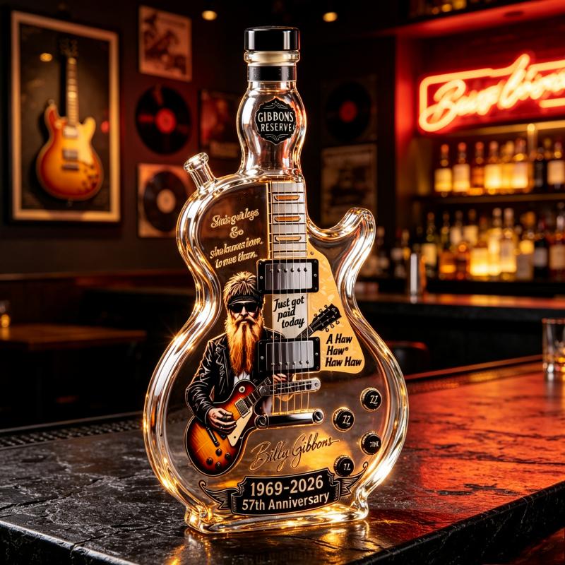 Billy Gibbons Guitar Glass Whiskey Decanter 1969- Anniversary Decorative Liquor Bottle Music Lover Gift