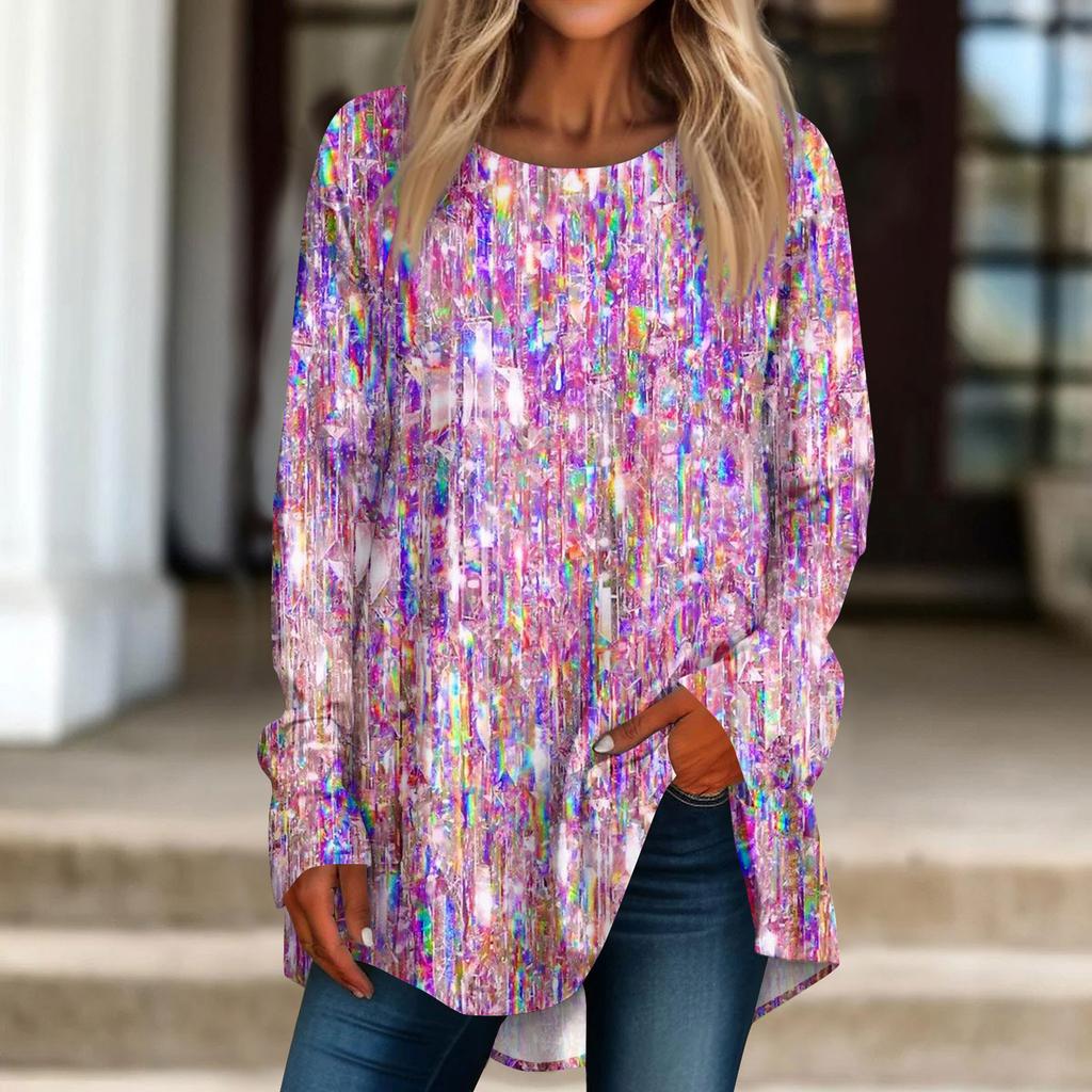 Женская повседневная футболка с длинным рукавом с круглым вырезом и принтом пайеток