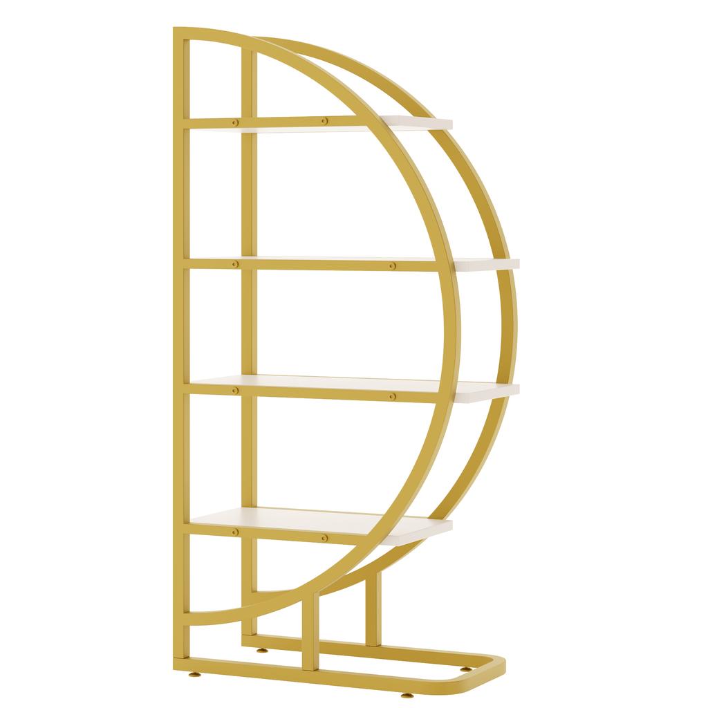 120×30×130 cm Round Arch Standing Shelf – 2-Piece Metal Bookshelf with Gold Frame & 4 White MDF Shelves, for Living Room, Kitchen & Decoration