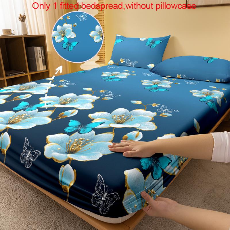 1 Simple Modern Plant Flower Butterfly Printed Matte Fitted Sheet, Bedroom Printed Bed Cover, Bedding (Excluding Pillowcases)